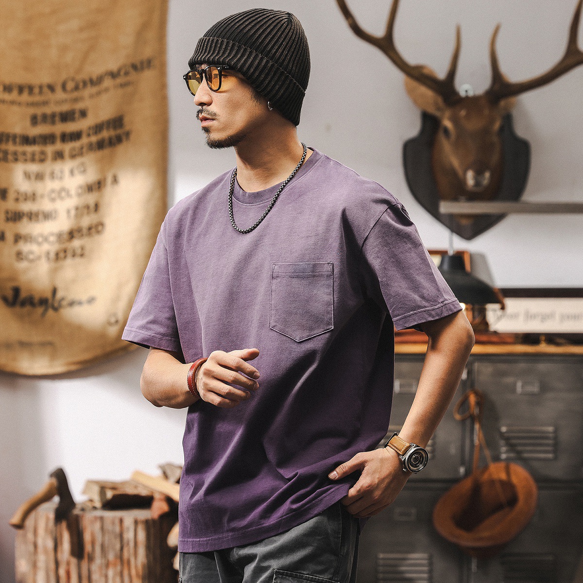 阿蘇特水洗黑色漸變T恤男夏季短袖男款潮牌寬鬆美式復古上衣