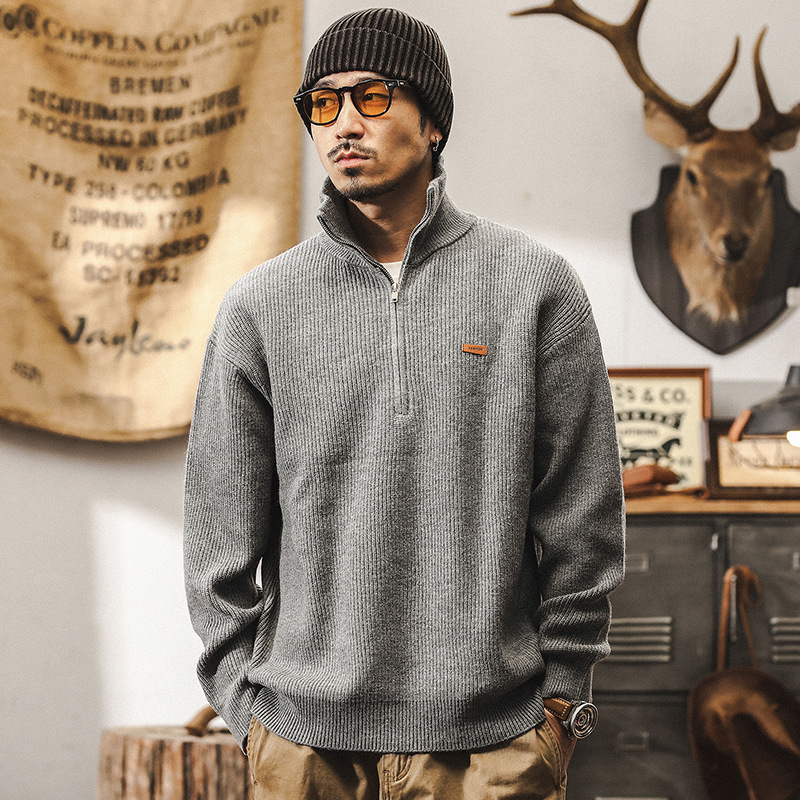 美式復古700g重磅針織毛衣男冬季厚實慵懶風半拉鍊高領毛線衣外套