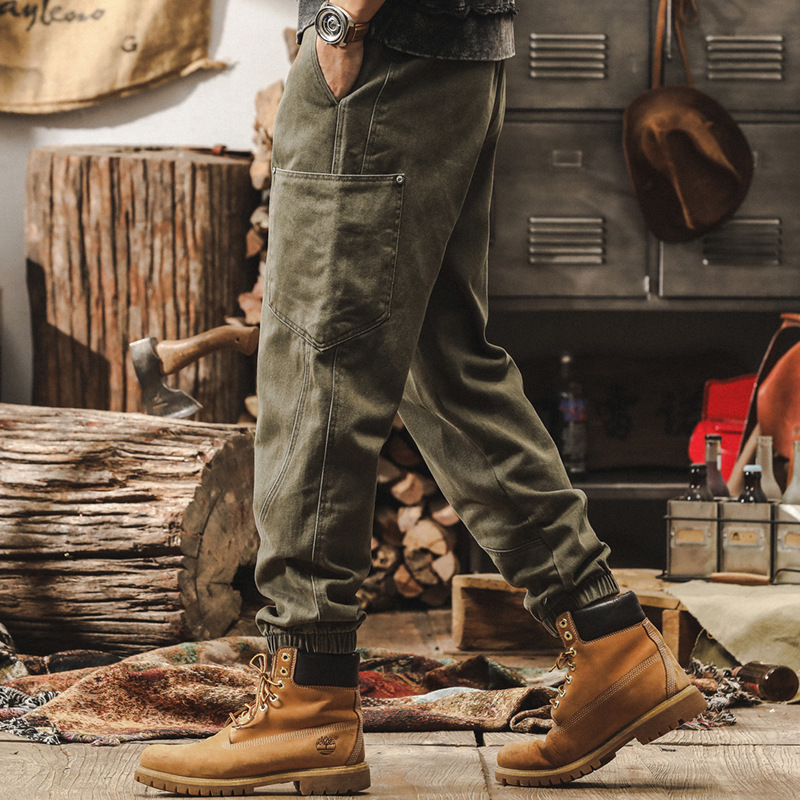 美式重磅復古軍綠色工裝褲子男秋季2024新款潮牌拼接束腳休閒長褲