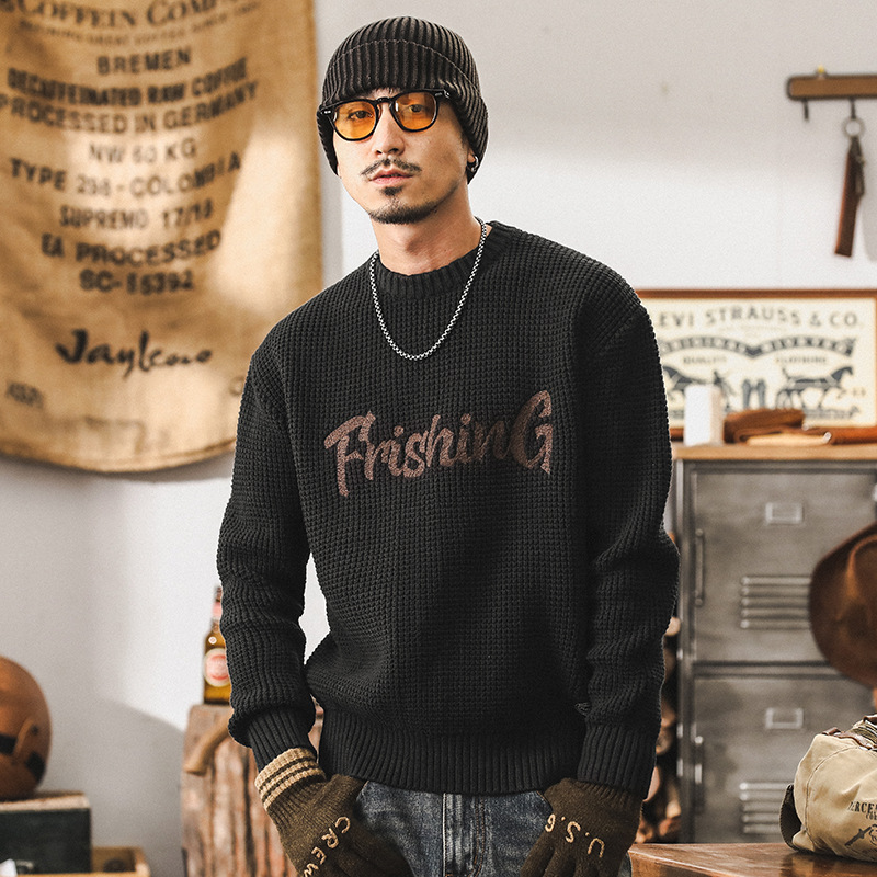 美式復古粗針菠蘿紋毛衣男冬季加厚潮牌重磅休閒針織衫秋冬款外套