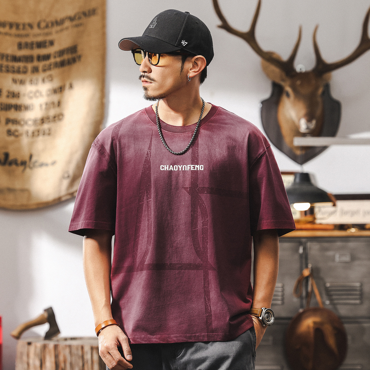 260g重磅酵素做舊短袖T恤男夏季2025新款潮牌龜裂印花上衣男