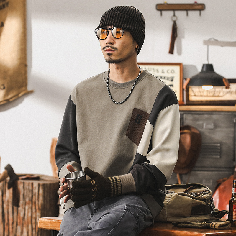 美式復古450g重磅磨毛空氣層衛衣男秋季高級感拼色上衣休閒男外套