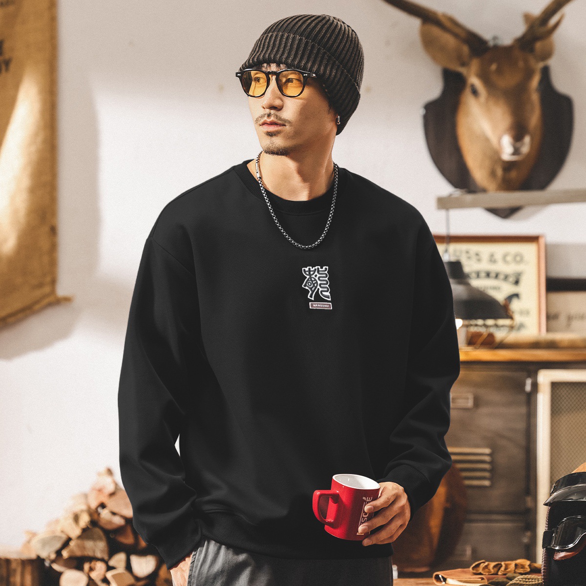 美式復古320g重磅衛衣男春秋新款2025潮牌寬鬆休閒長袖紅色上衣男