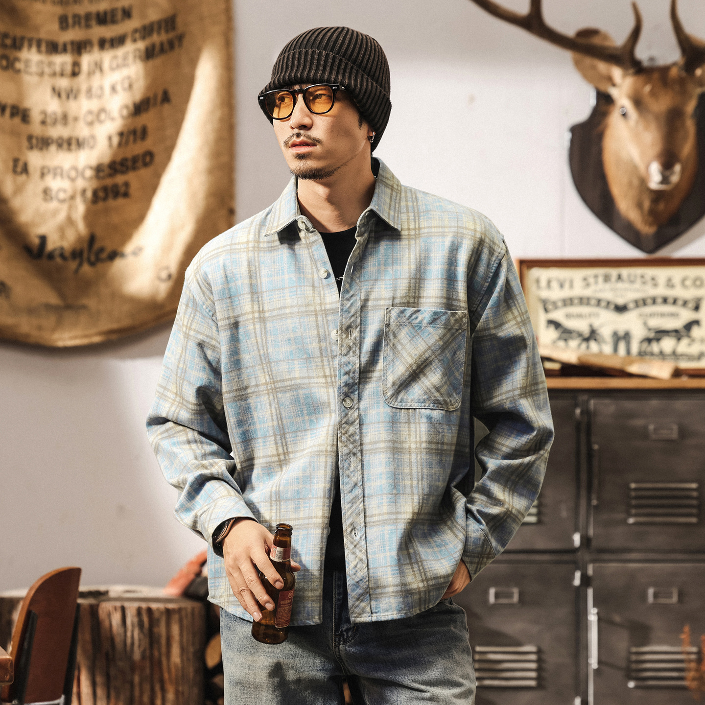 美式復古斜紋萊賽爾色織格子襯衫男長袖2025新款潮牌寬鬆襯衣外套