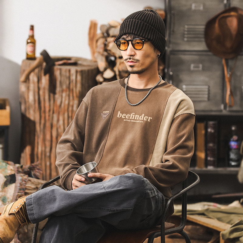 美式復古條絨360g重磅衛衣男秋冬款潮牌撞色拼接寬鬆秋季休閒上衣