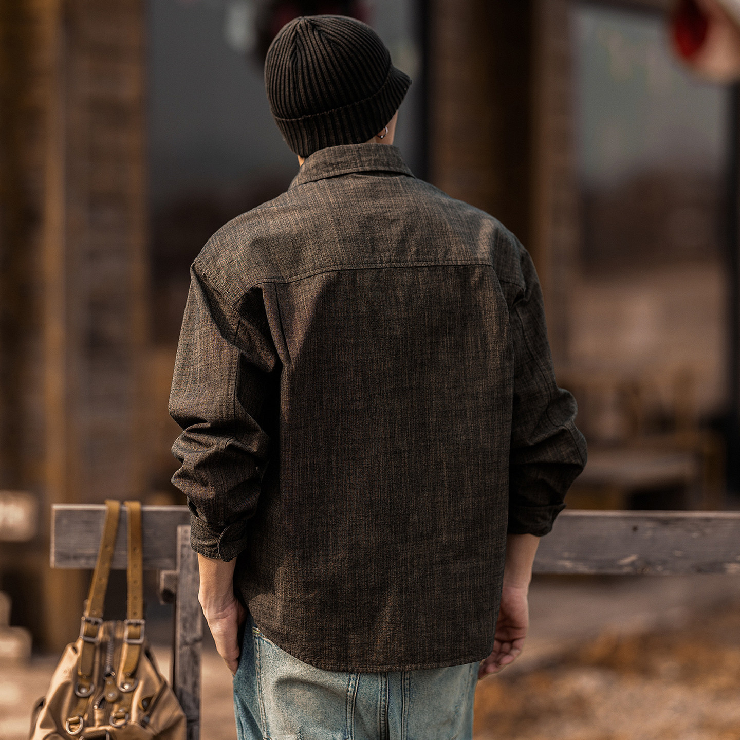 美式復古老錢風仿麻襯衫男長袖春季新款竹節寬鬆休閒襯衣外套