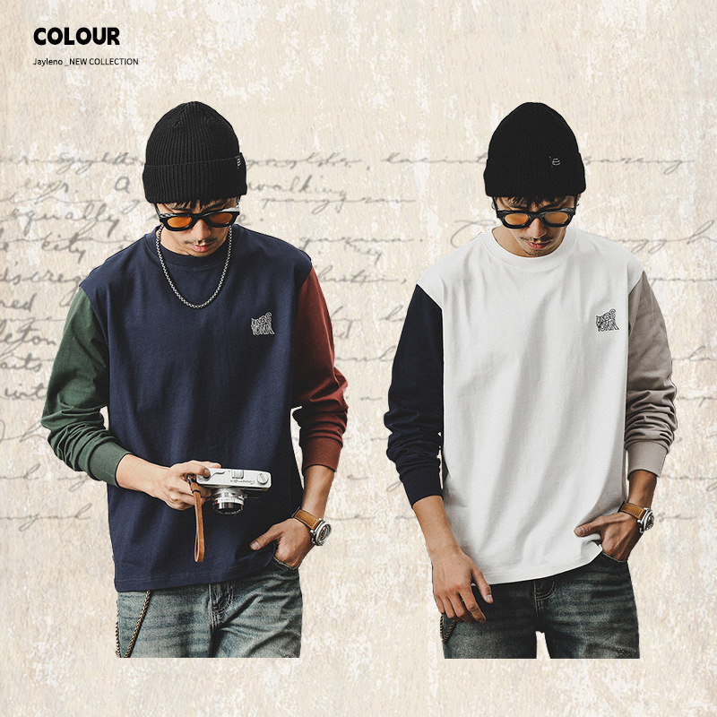 設計款痞帥重磅T恤男長袖撞色2024新款潮牌衣服男士春季上衣