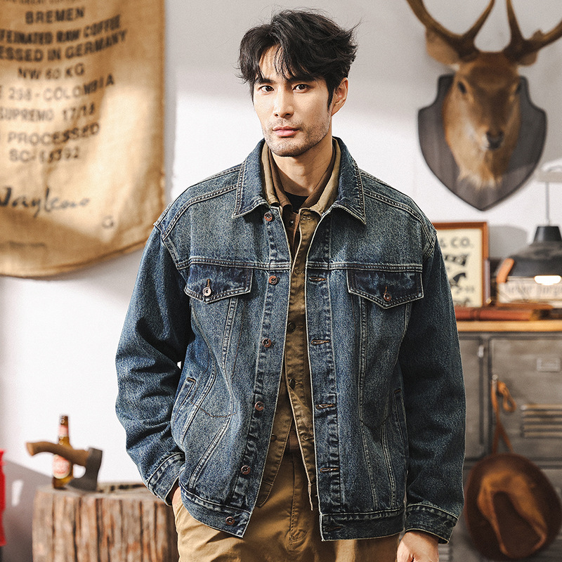 美式經典復古水洗重磅牛仔外套男秋冬款潮牌做舊寬鬆潮流工裝夾克