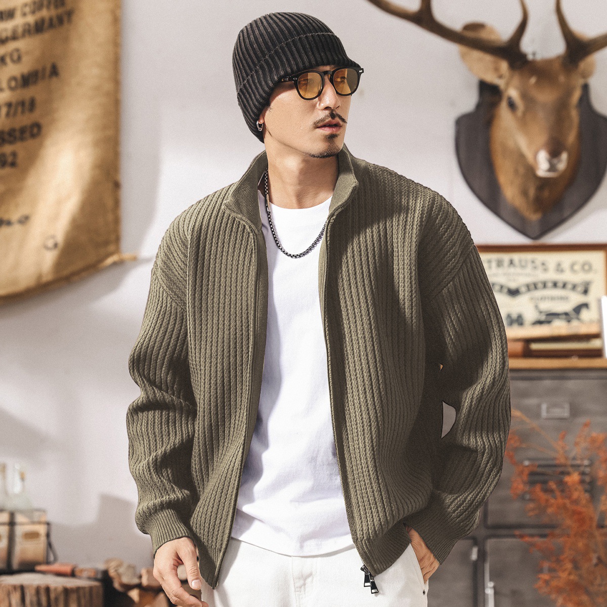 美式重磅復古紫色半高領開衫毛衣男秋冬潮牌寬鬆針織衫外套男春秋