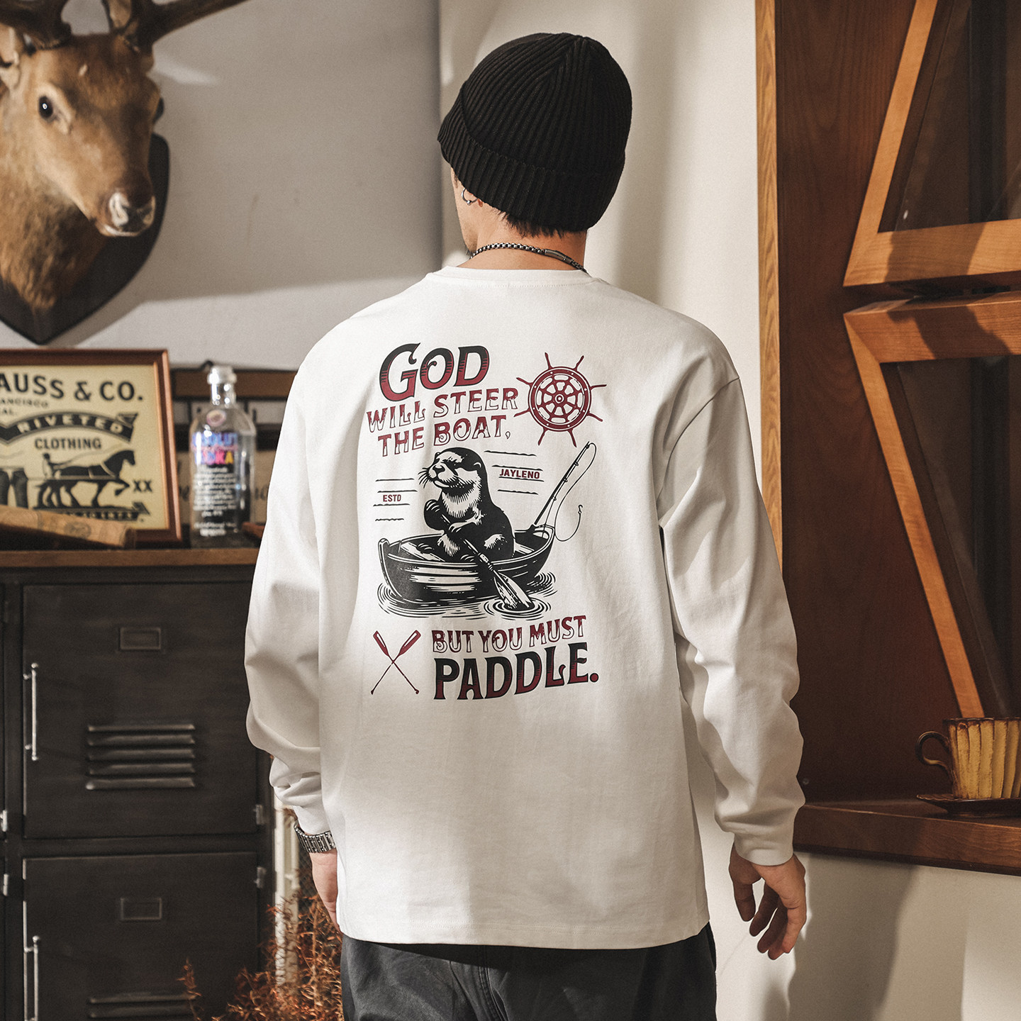 美式復古T恤男士長袖2026春季新款趣味印花潮牌寬鬆休閒上衣