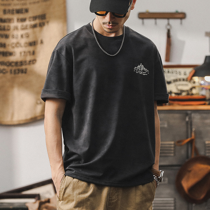 冰感抗皺速乾短袖T恤男夏季美式山系印花上衣雲染洗褪寬鬆男體恤