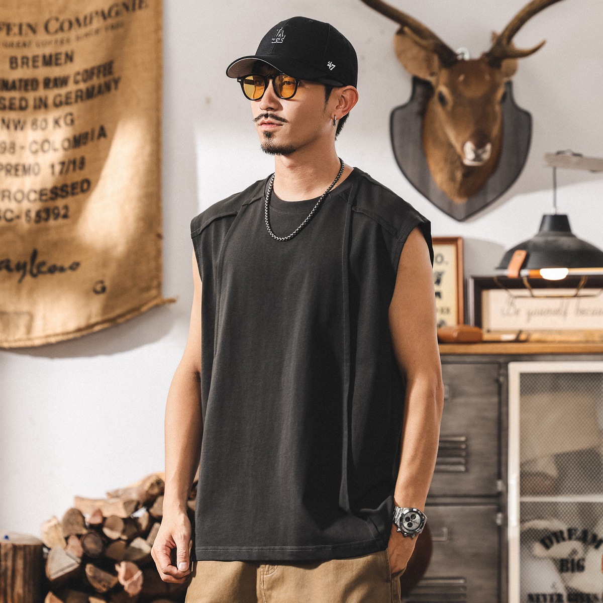 美式復古重磅280g男士背心夏季新款潮牌拼接坎肩寬鬆無袖純棉T恤