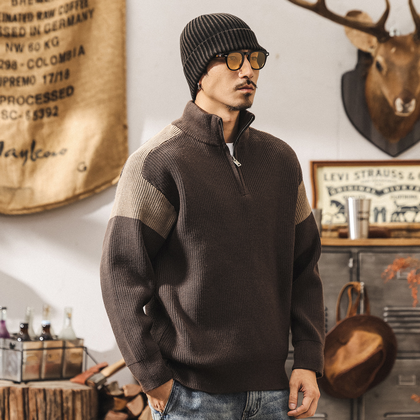 美式復古半高領拉鍊加厚毛衣男冬季保暖潮牌撞色寬鬆針織衫外套男