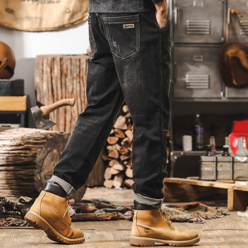 美式復古經典黑色牛仔褲男2024新款潮流寬鬆直筒休閒男士秋冬褲子