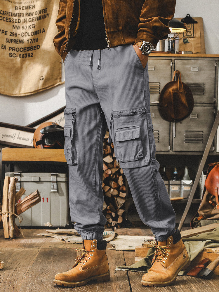 美式複古卡其色工裝褲子男秋季寬松休閑長褲潮牌多口袋男士束腳褲