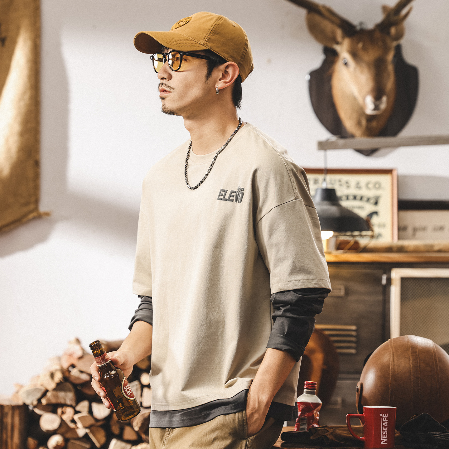 美式復古假兩件長袖t恤男春秋2025新款寬鬆大碼潮牌拼接秋季上衣T