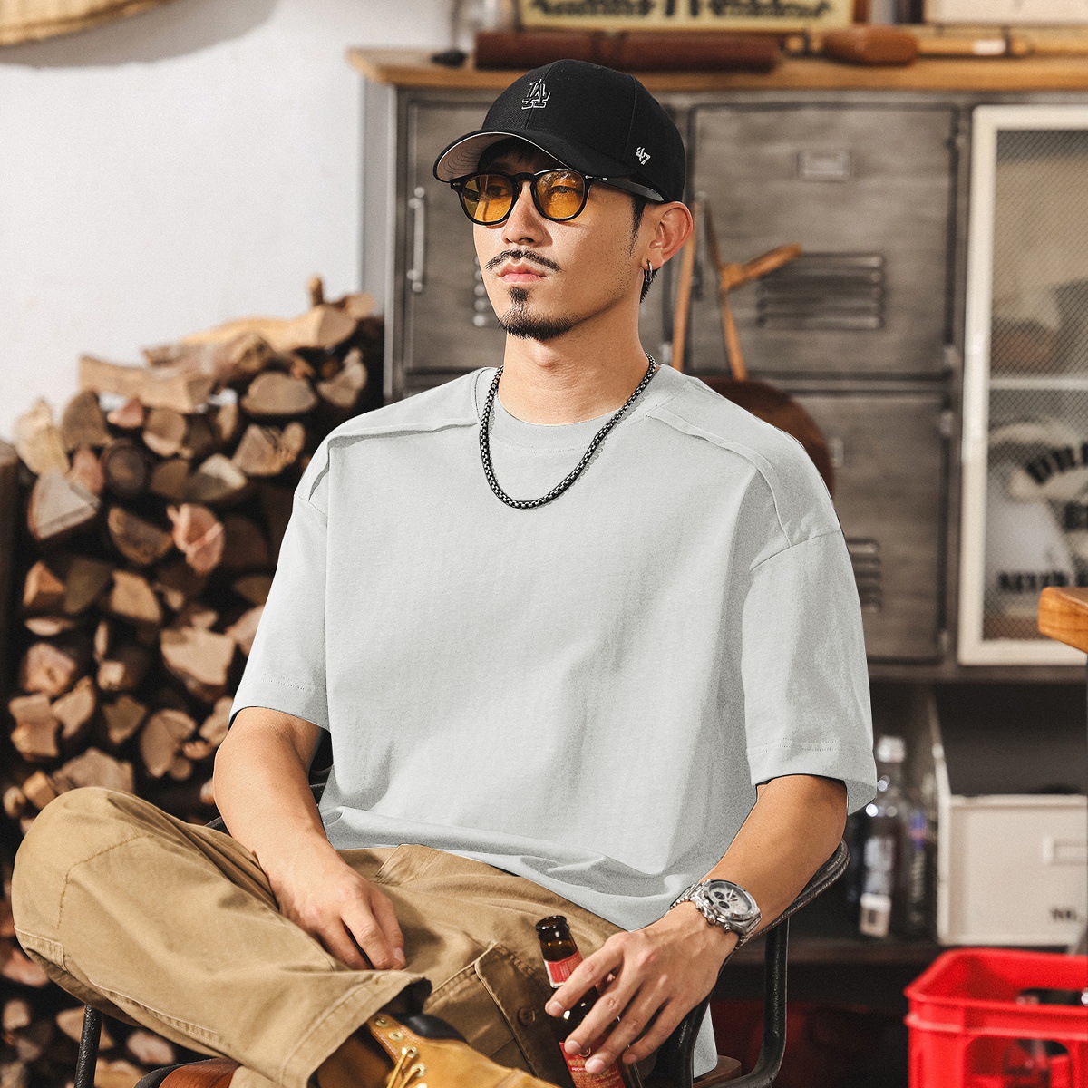 美式復古夏季涼感T恤男短袖重磅痞帥設計感拼接潮流寬鬆上衣