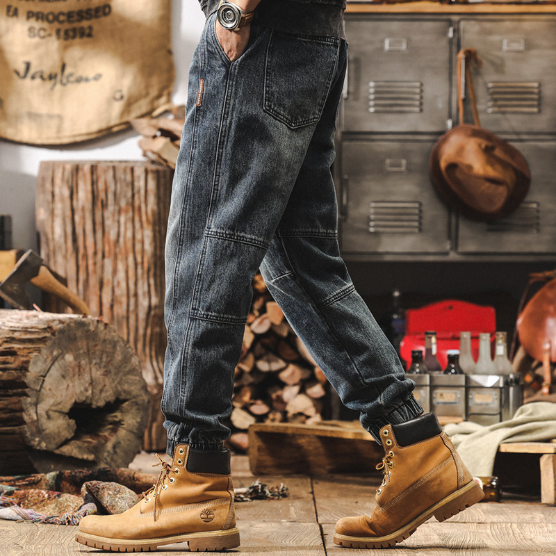 美式復古牛仔褲男秋季休閒束腳2024新款潮流石磨水洗男士秋冬褲子