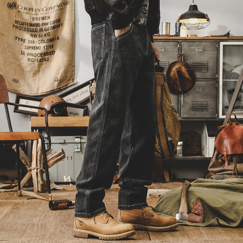 美式重磅石磨炒洗複古牛仔褲男秋季寬松直筒2024新款休閑長褲子男