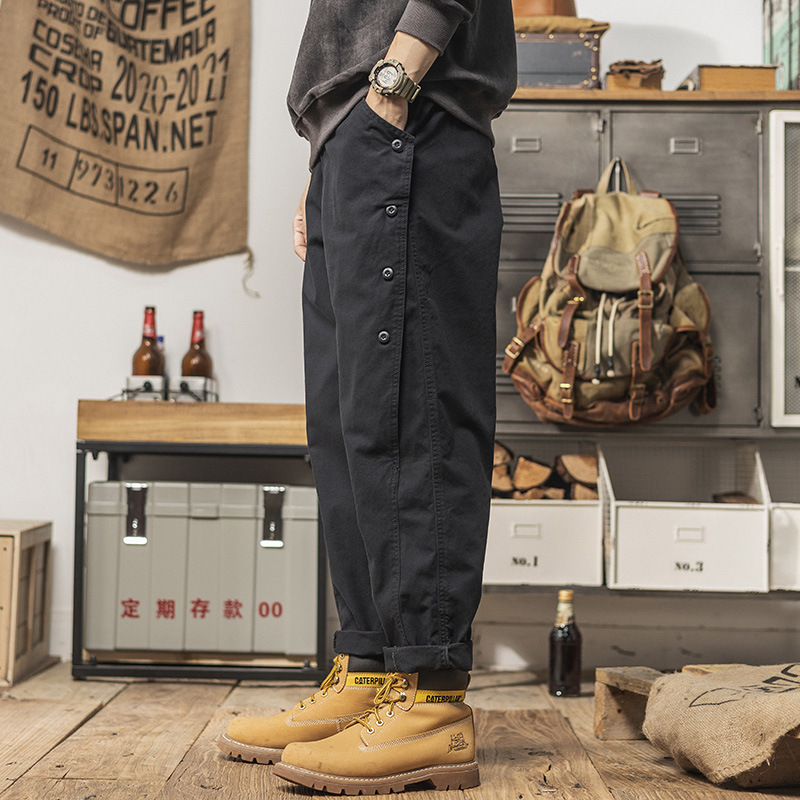 2024重磅排扣褲子設計款休閒褲春季男士寬鬆直筒潮流經典工裝長褲