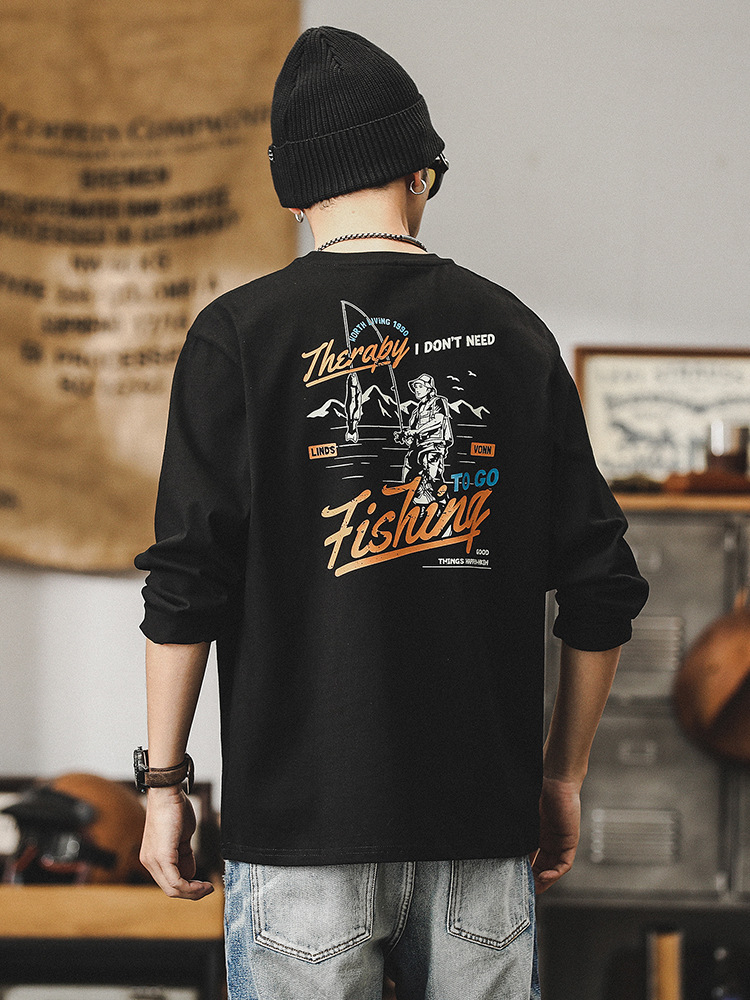 美式戶外釣魚印花重磅T恤男長袖2024新款男裝潮牌寬鬆上衣男