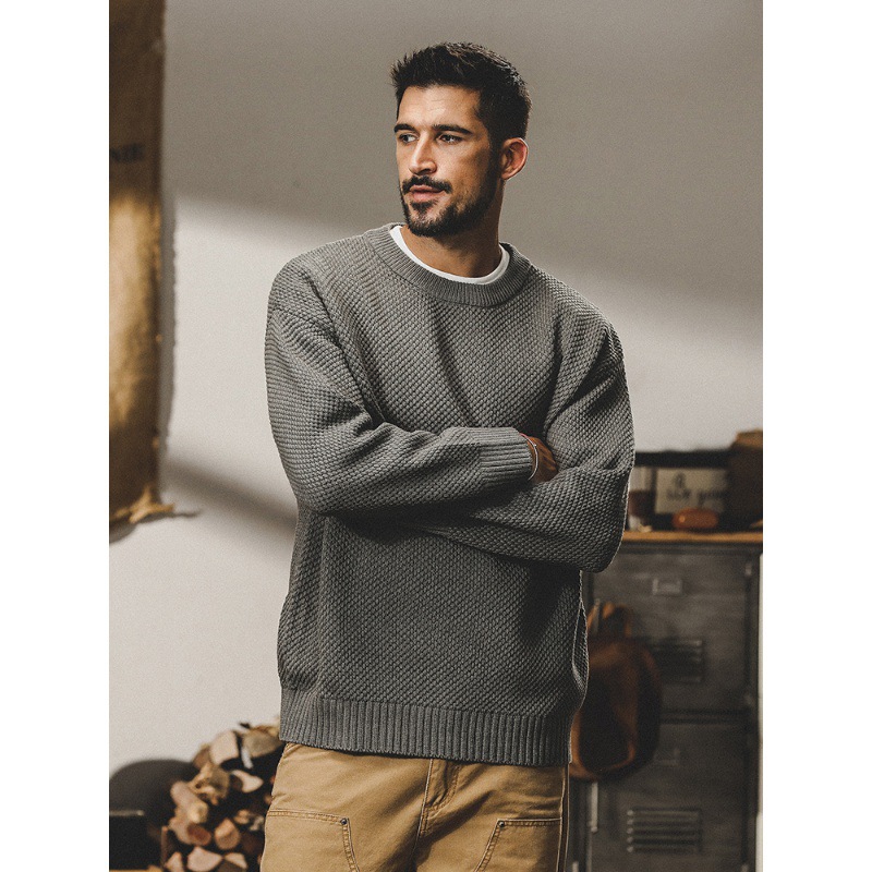 美式經典圓領毛衣男秋冬款2023新款日系復古菠蘿針提花加厚針織衫
