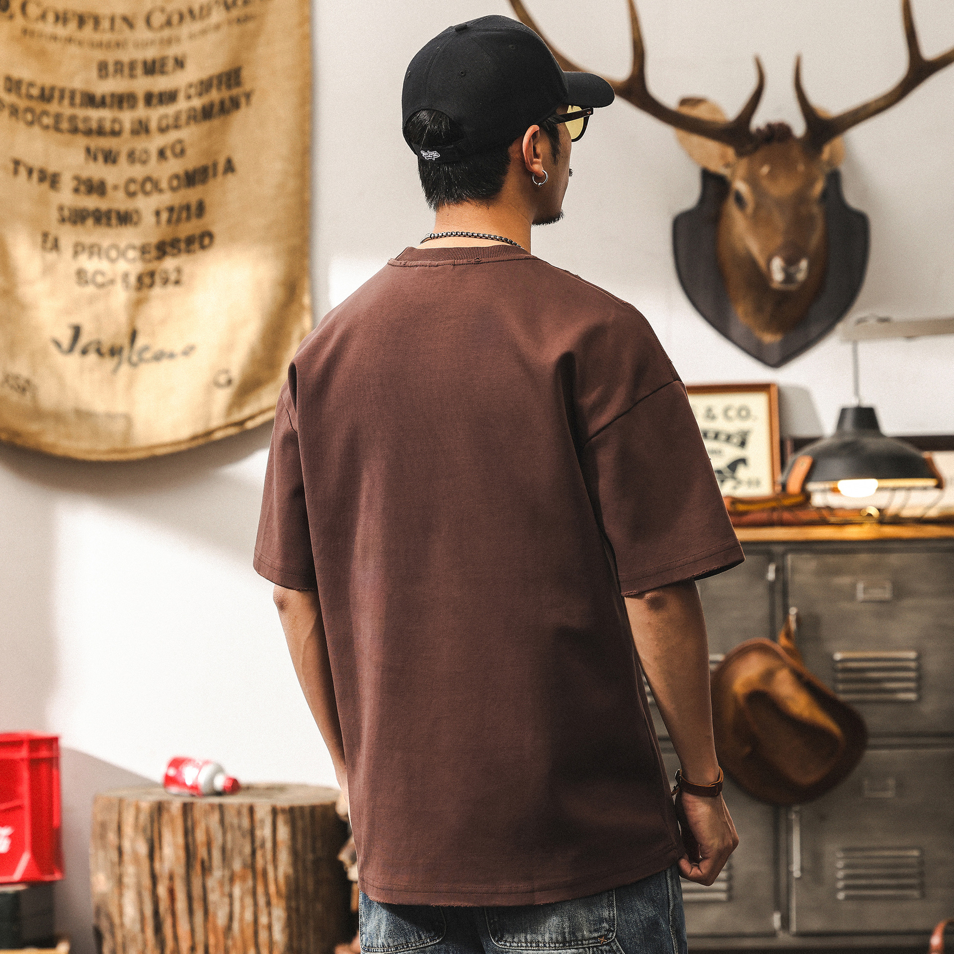 美式復古300g重磅短袖男士T恤夏季潮牌深褐色做舊水洗半截袖體恤