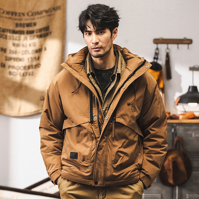 美式復古90灰鴨絨工裝羽絨服男冬季2024新款戶外連帽外套男秋冬款