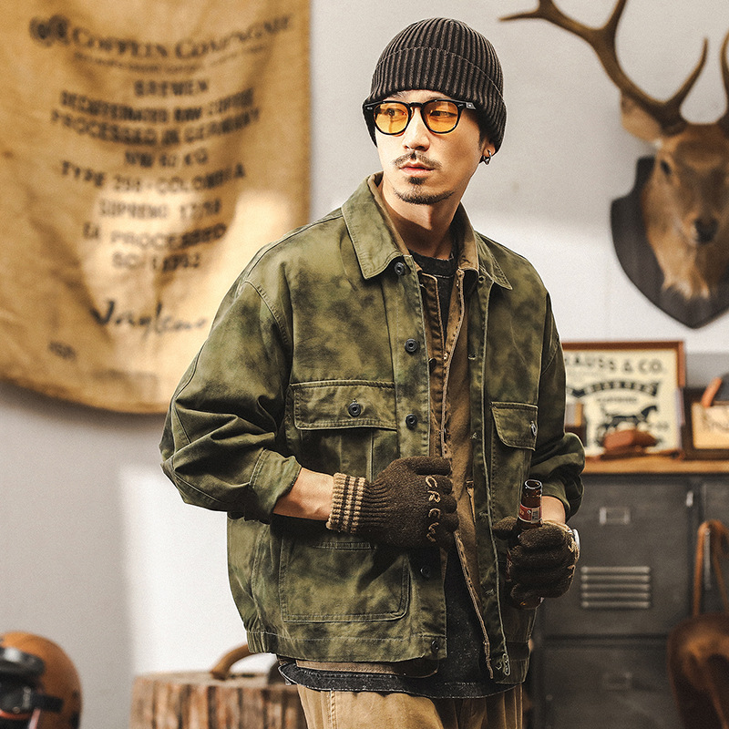 美式復古重磅工裝外套男秋冬款潮牌古著阿美咔嘰水洗高街潮流夾克