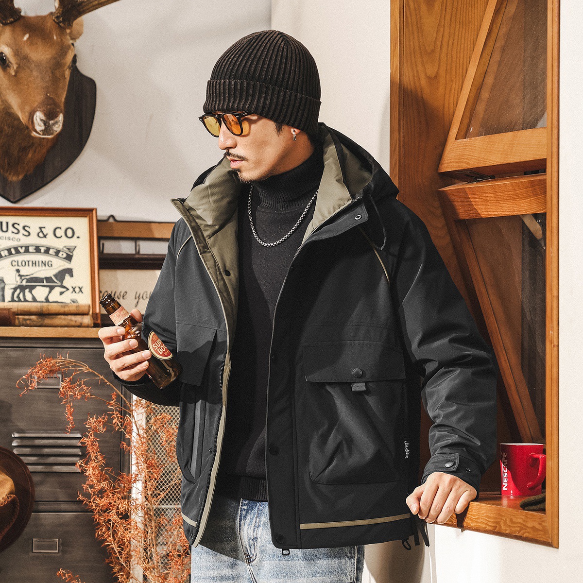 美式復古高充絨工裝羽絨服男冬季戶外加厚禦寒保暖派克服連帽外套