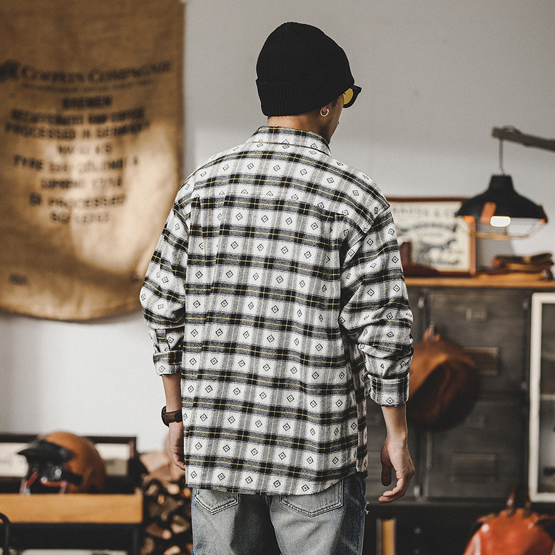 杰雷諾美式復古格子襯衫男長袖2024新款色織提花磨毛襯衣男士上衣