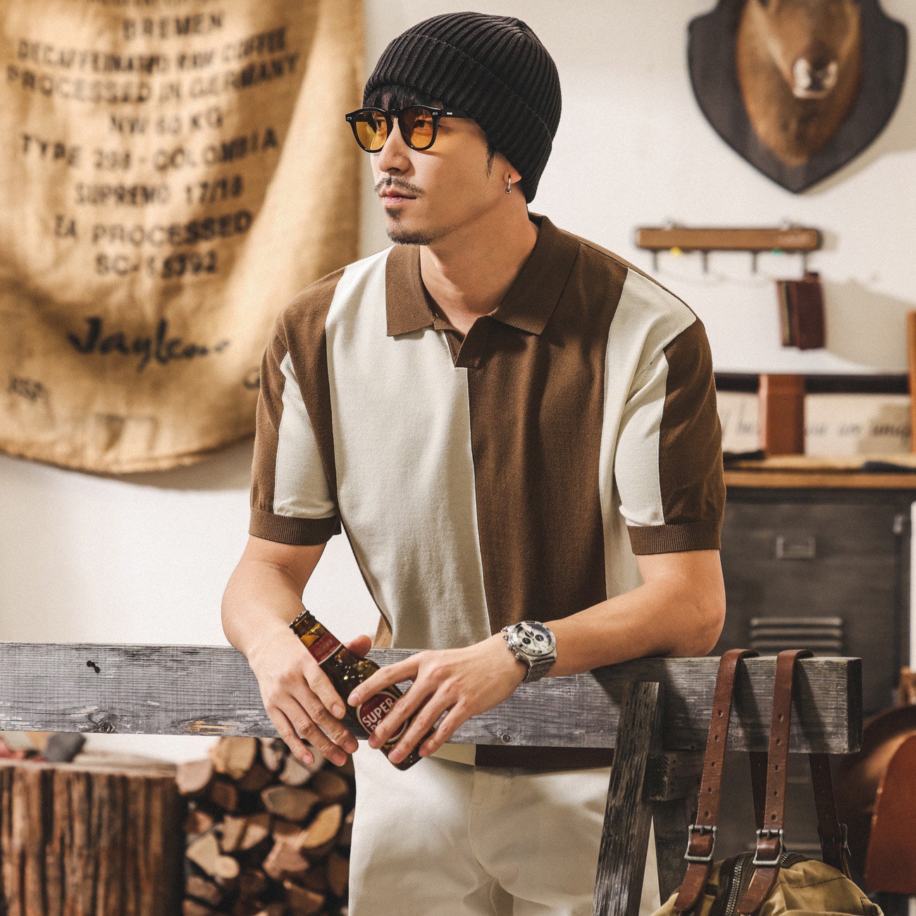 美式復古撞色短袖男款Polo衫夏季新款老錢風針織潮牌T恤男士上衣T