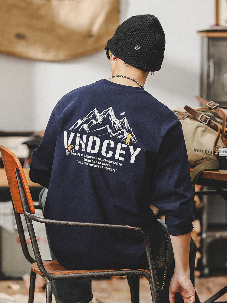 春季新款黑色長袖T恤男寬鬆潮牌男裝山系印花260g重磅上衣男