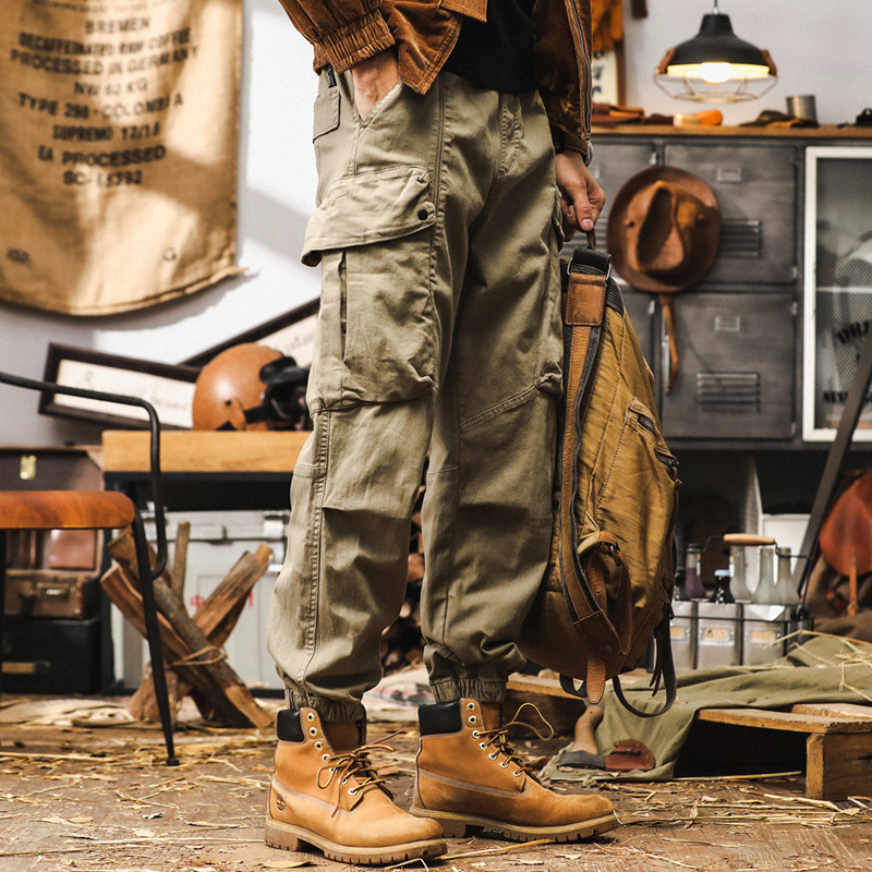 美式復古卡其色工裝褲子男秋季潮牌城市戶外通勤寬鬆大口袋休閒褲