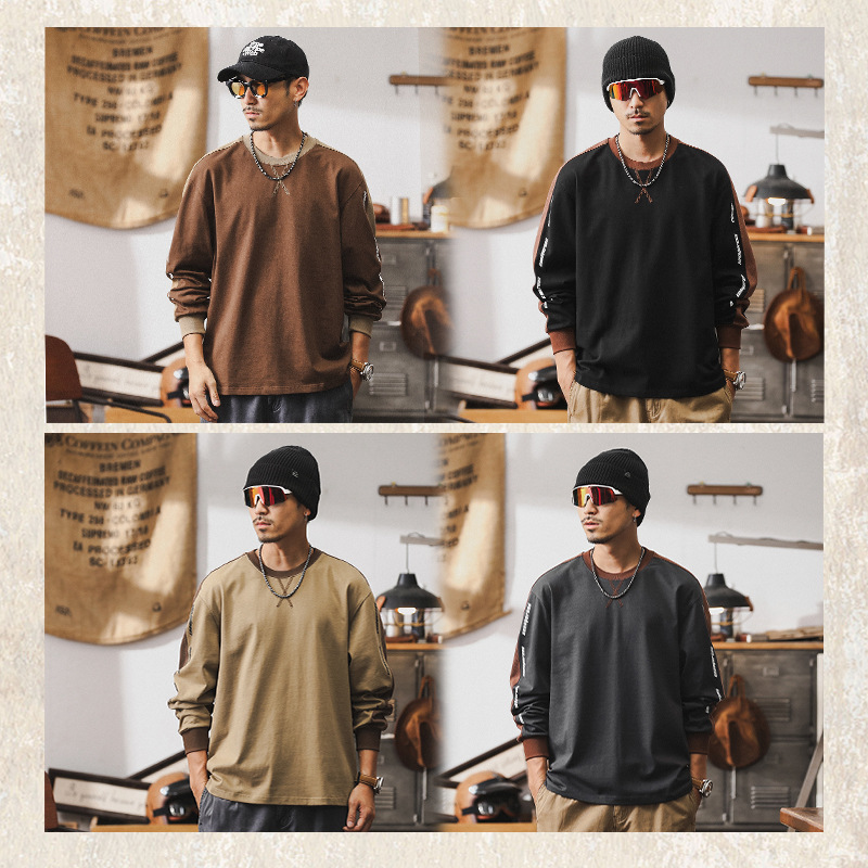 美式複古280g重磅長袖T恤男秋季撞色拼接體恤2024新款寬松衣服男