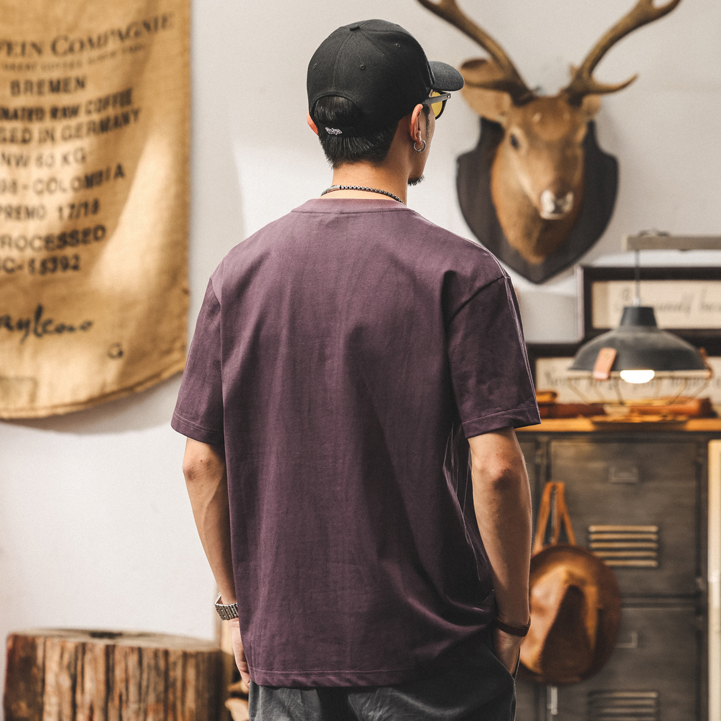 美式復古潮牌男士短袖t恤夏季2025新款簡約百搭紫色多巴胺上衣潮T