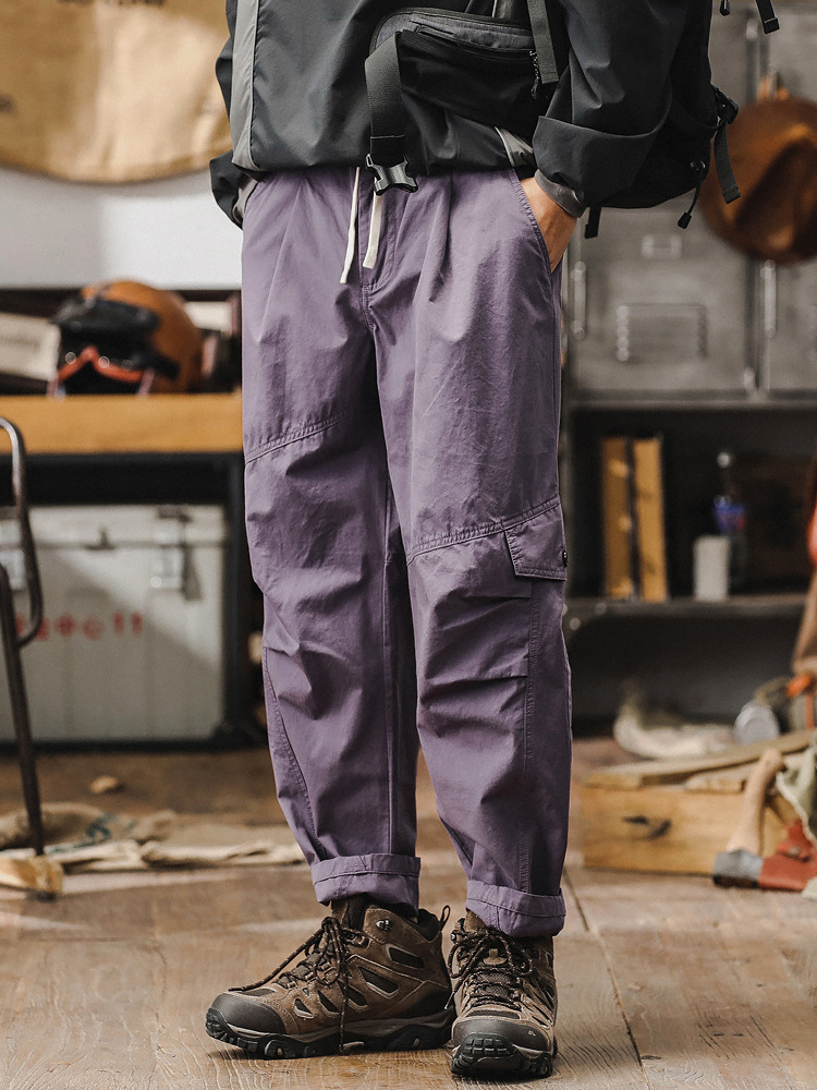 春季新款工裝褲子男潮牌美式寬鬆直筒男士休閒褲高級感紫色褲子男