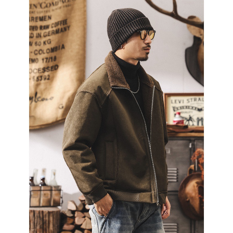 美式復古加厚機車皮毛一體麂皮絨棉服男冬季保暖羊羔絨棉衣外套男