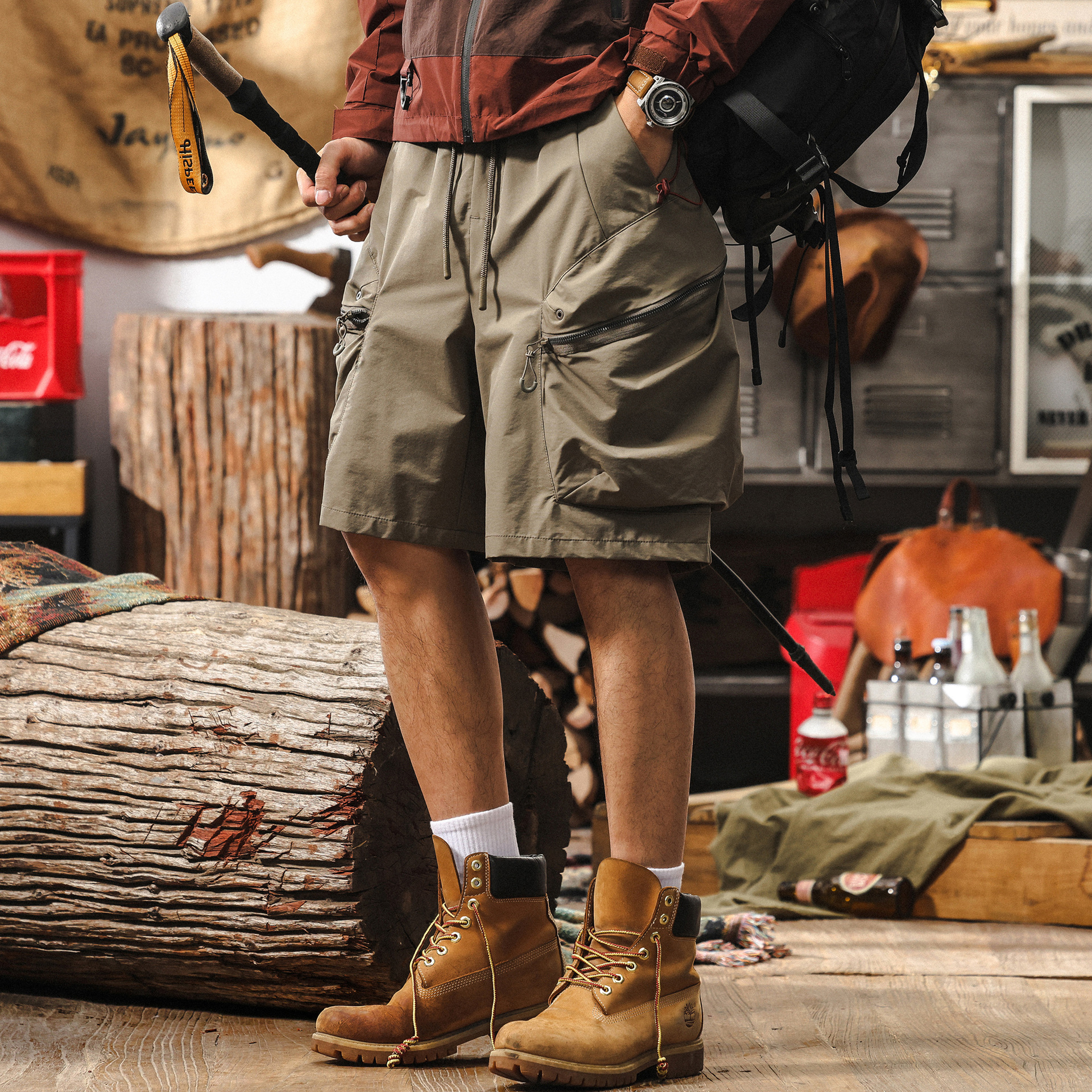 美式復古卡其色工裝短褲男款夏季潮牌戶外機能多口袋寬鬆五分褲男