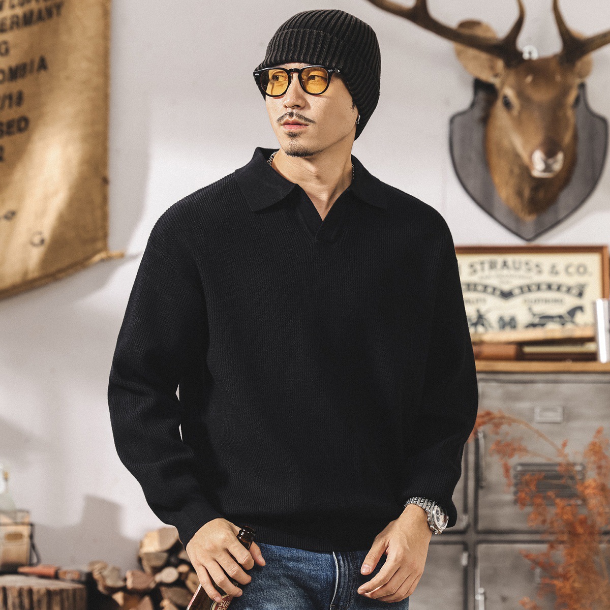 美式復古海鷗領毛衣男秋冬款寬鬆潮牌簡約馬球領休閒針織衫男秋季