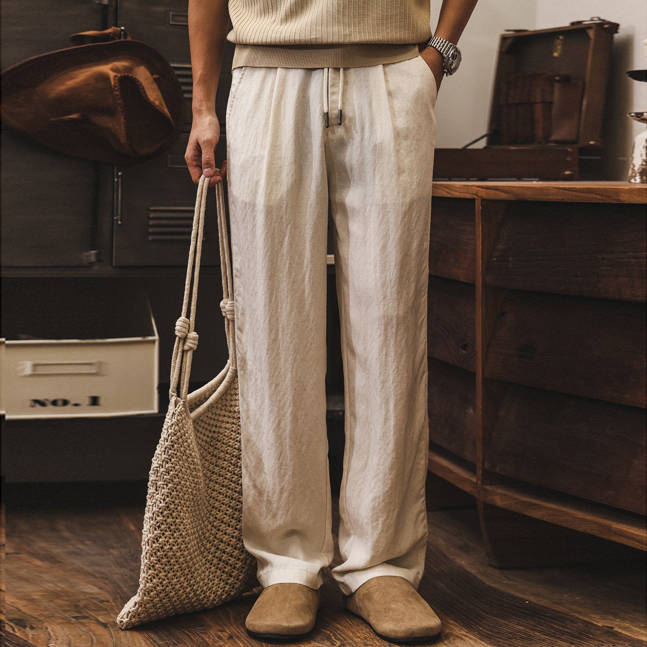 萊賽爾復古亞麻莫瑞老錢風褲子男夏季潮牌超薄款鬆弛感休閒直筒褲