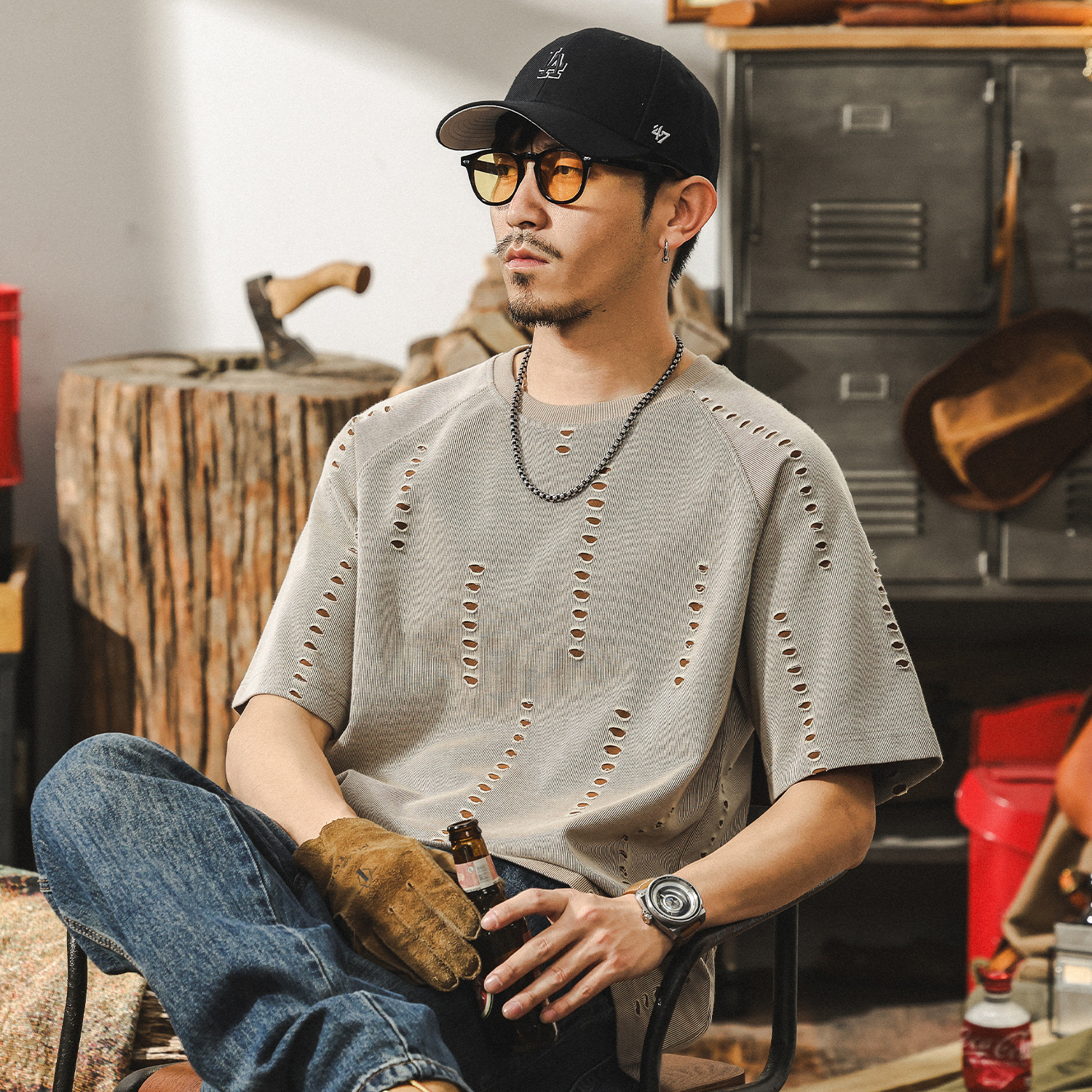 美式復古夏季潮牌破洞設計感短袖男款2025新款寬鬆大碼半袖T恤男