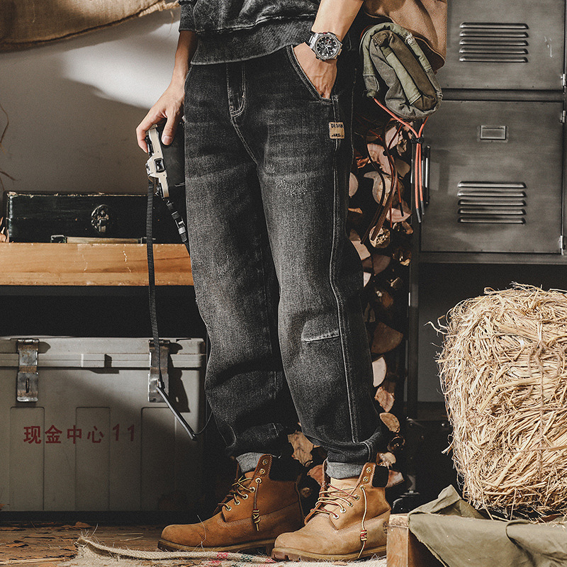 美式重磅賽洛紡8支彈力黑色牛仔褲男秋季2024年新款寬鬆休閒褲男