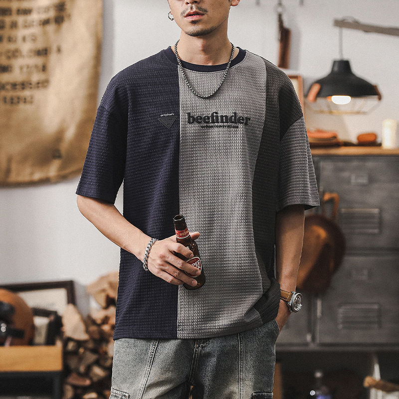 美式華夫格短袖T恤男拼接撞色設計款男士體恤夏季寬鬆大碼上衣男