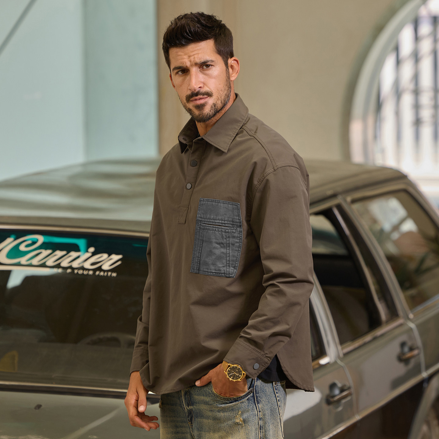 美式重磅復古工裝襯衫男春季2026新款T恤男士長袖上衣寬鬆POLO衫