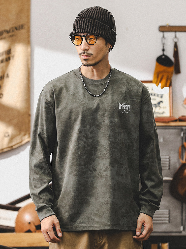 美式複古雲染水洗長袖T恤男秋季潮牌重磅設計感寬松休閑上衣男款T