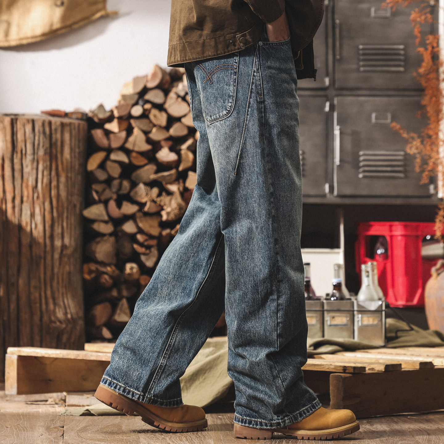 美式復古重磅長絨棉寬鬆微喇牛仔褲男2026春季潮牌水洗直筒休閒褲