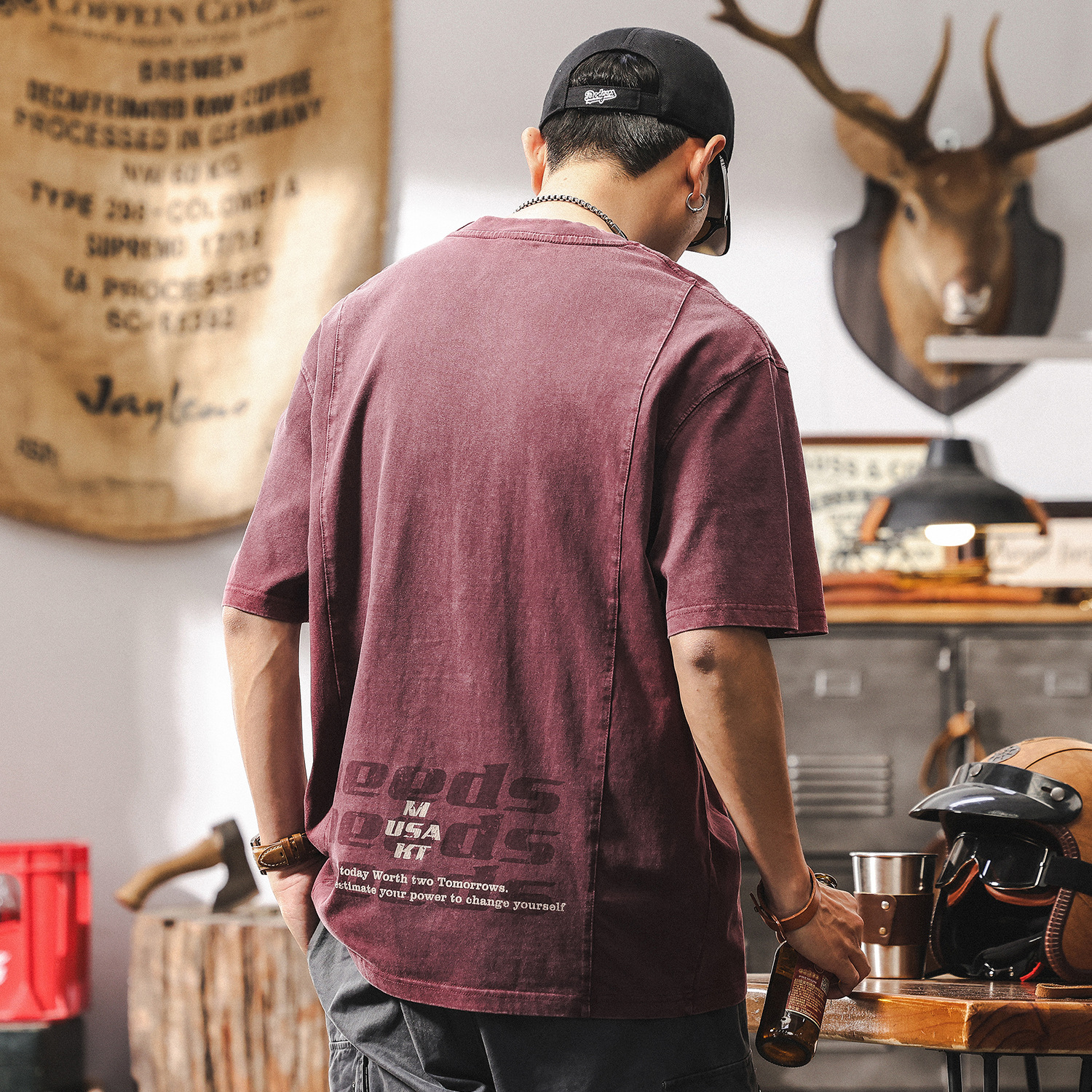 美式復古做舊水洗T恤男夏季2025年新款男士短袖260g重磅體恤