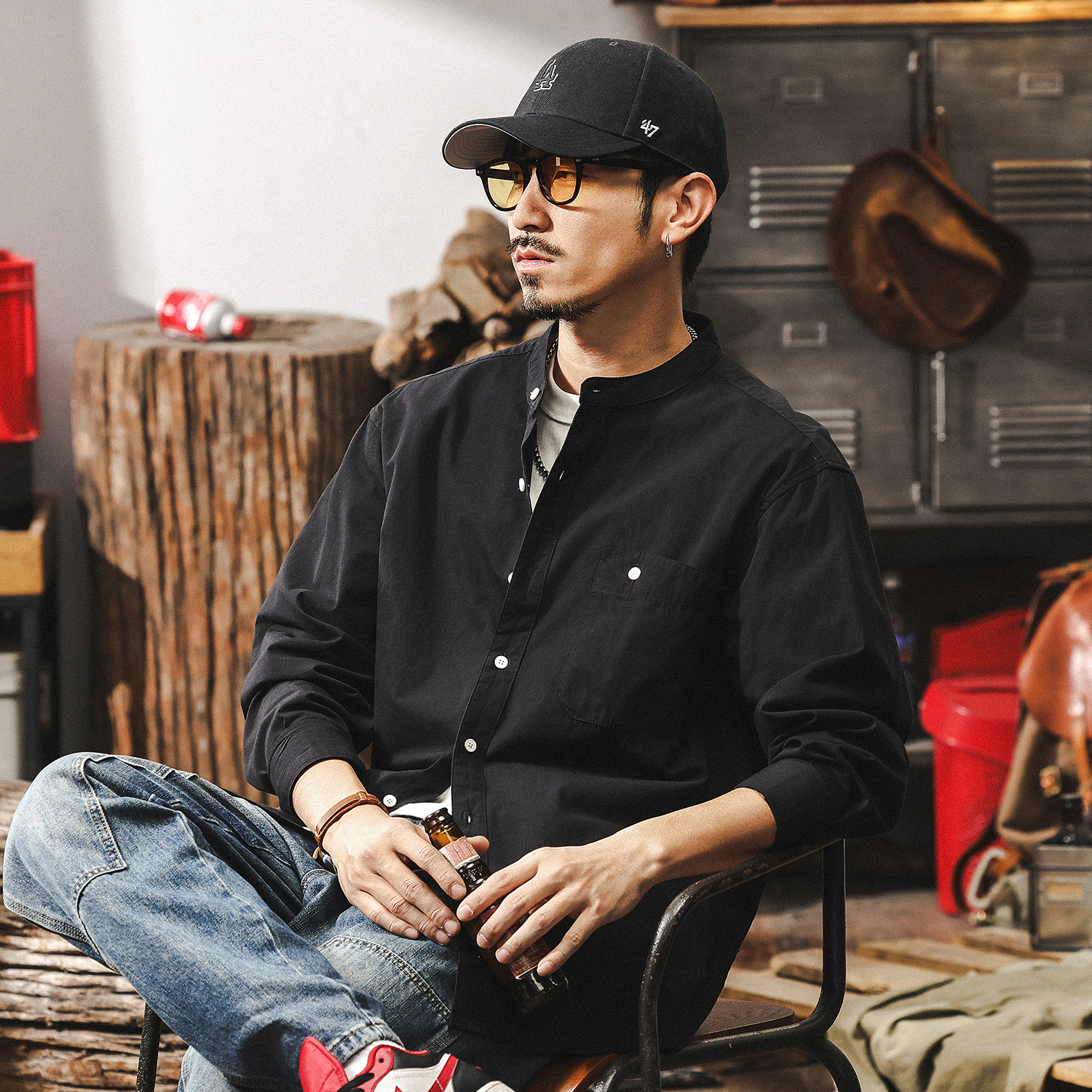 傑雷諾復古立領襯衫男長袖秋季2025新款潮流寬鬆休閒黑色男士襯衣