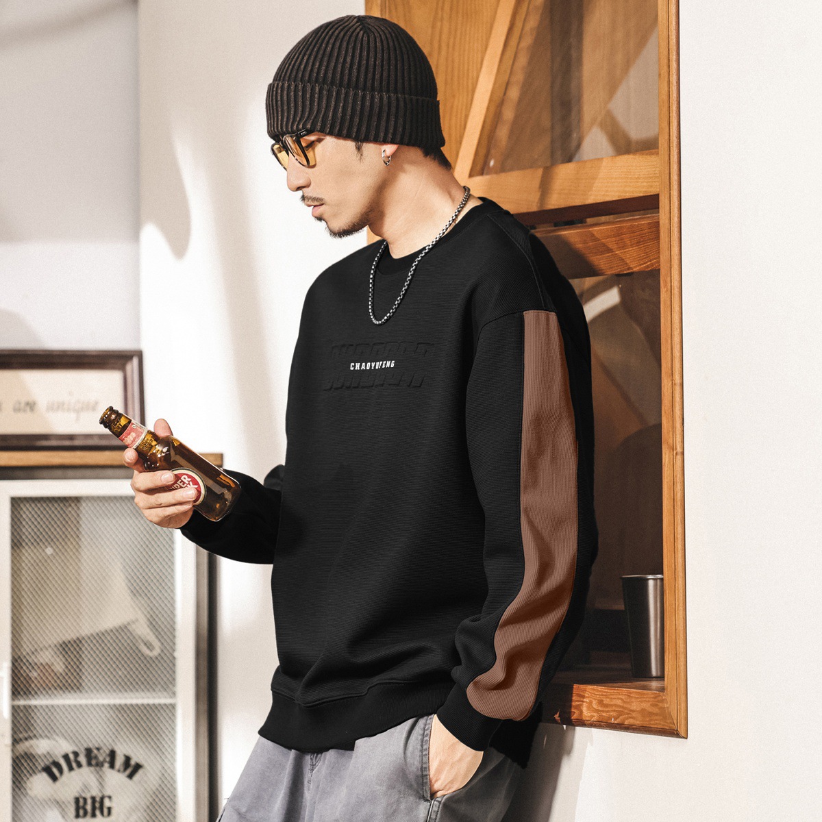 美式重磅復古加絨衛衣男冬季新款加厚潮牌立體鋼印寬鬆休閒上衣男